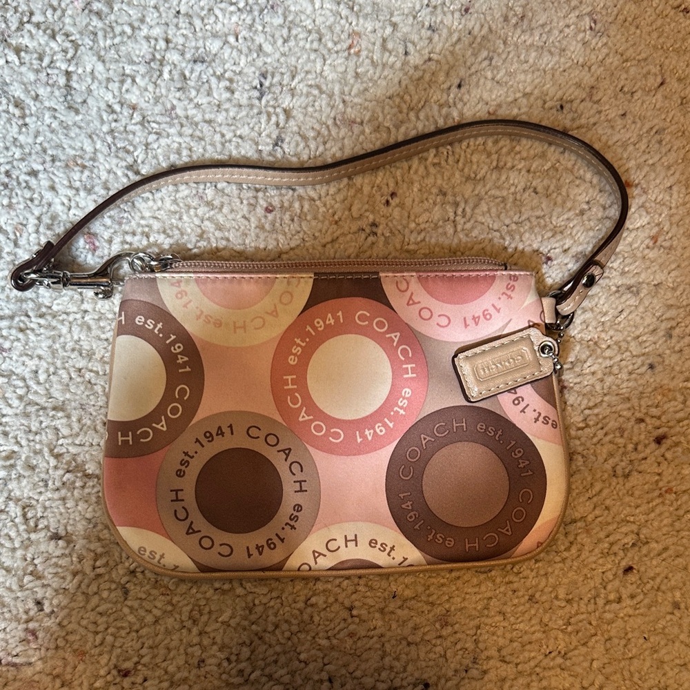 Coach Pink and Brown Circle Pattern Wristlet